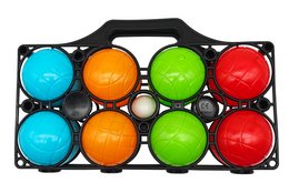 A set of 8 plastic bocce balls in 4 vibrant colors - blue, orange, green, and red - with a carrying case.