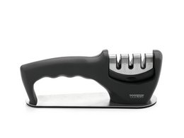 Black 3-way knife sharpener for steel and ceramic knives with ergonomic handle