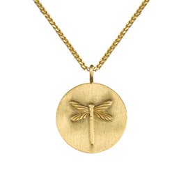 A gold necklace with a round pendant featuring a dragonfly design. The pendant has a matte finish and is suspended from a gold chain.