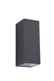 A dark grey, rectangular outdoor wall light fixture with a minimalist, modern design.