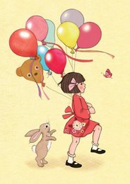 Colorful birthday postcard with a young girl holding balloons and playing with a rabbit and other animals.