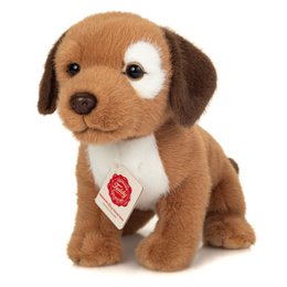  Plush dog puppet toy, 25 cm tall, soft and cuddly, brown and white in color, with a red tag.