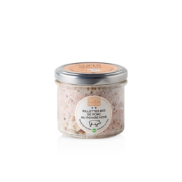 Organic pork rillettes with black pepper, a savory and flavorful spread made from slow-cooked pork. Ideal for topping toast, crackers, or charcuterie boards.