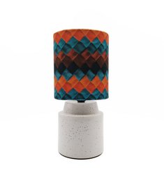  Tall, cylindrical ceramic lamp with a raffia shade and a textured, brown and blue base.