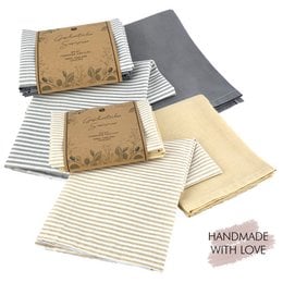 Set of 2 handmade summer tea towels in beige and gray striped patterns, with a "Handmade with Love" label.
