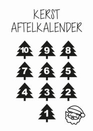 Advent calendar with numbered Christmas trees and Santa Claus silhouette. Includes colors of black and gold.