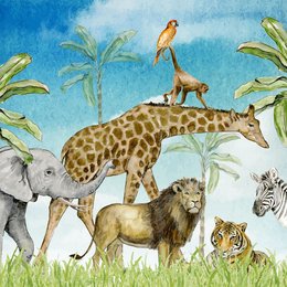 A colorful illustration depicting various wild animals in a tropical setting, including a giraffe, lion, elephant, and zebra.