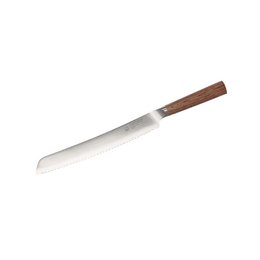 10-inch bread knife with a damascus steel blade and an amber pakkawood handle.