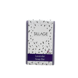 Lavender soap bar with a natural, handmade appearance featuring a purple color and white speckled design.
