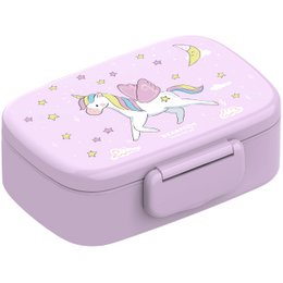 A light pink children's lunch box with compartments, featuring a unicorn design with stars, clouds, and a crescent moon. The lunch box is described as leak-proof and durable, making it suitable for children's meals.