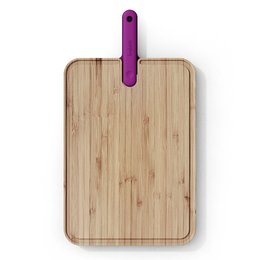 Rectangular bamboo cutting board with a purple handle, suitable for use as a chef's knife.
