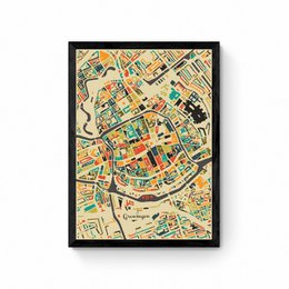  Colorful mosaic city map poster featuring the city of Groningen, Netherlands. The poster showcases the intricate layout and landmarks of the city in a vibrant, artistic style.