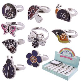 Colorful, whimsical mood rings featuring animal, bug, and flower designs. Adjustable silver-tone rings for kids.