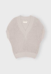 Beige knit vest, short sleeves, V-neck, textured knit material, women's sweater, casual style.
