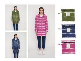  Foldable waterproof raincoat made from recycled fabric, featuring a tye dye pattern and weather-resistant Bisetti material. Available in a variety of colors.