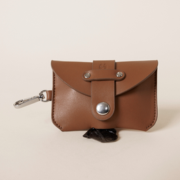  Brown leather poop bag holder with snap closure, compact pouch design for dog waste bags