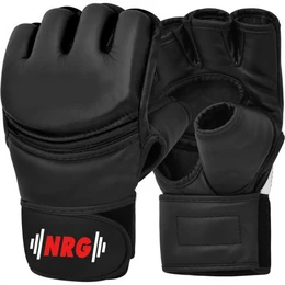Black MMA gloves with NRG logo. Padded palm and knuckle protection for mixed martial arts training and fighting.
