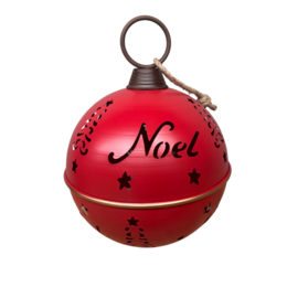  Red glass Christmas ornament with the word "Noel" and star patterns.