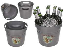 Gray cylindrical ice bucket, beer logo design, 6L capacity, handles, keeps beverages cold.
