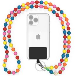 A colorful, handmade mobile phone chain made of wooden beads in a variety of vibrant colors. The chain features a universal design that can be used with any smartphone.