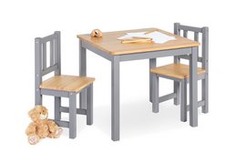 Grey and natural children's table and chair set with 3 pieces, suitable for kids' toys and activities.