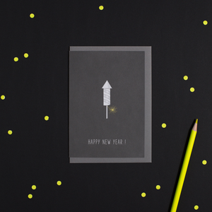 New Year's card with rocket "Happy New Year" in dark gray made from 100% recycled paper