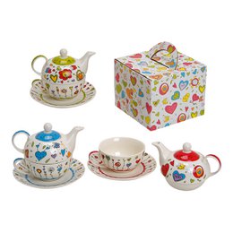  Porcelain teapot set with assorted cup and plate, W17 x D13 cm. Includes colorful heart and floral patterns.