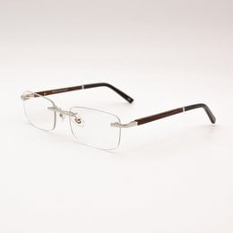 Rimless rectangular sunglasses with clear lenses and brown temples.