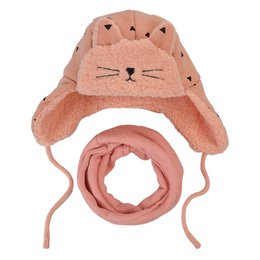 Soft, cozy pink winter hat and scarf set for children, featuring a cute cat design with ears and embellishments.