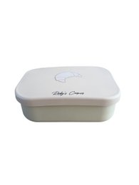  Beige silicone bread bin with croissant shape design, rounded rectangular container for kids meal storage.