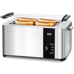 LEBENLANG Langschlitz Toaster 4 Scheiben mit Brötchenaufsatz - Touchscreen LED Display & 7 Stufen I 1400W 4er Langschlitztoaster Edelstahl Gebürstet I Smart Touch Toster für große Toastscheiben xxl