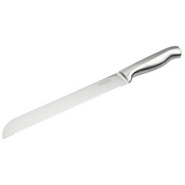 Stainless steel bread knife, 33.5 cm long, with a sharp, straight blade for slicing bread and other baked goods.