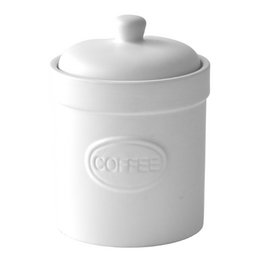 Matte white coffee canister with a simple, minimalist design. Suitable for storing coffee beans or grounds. Made of durable ceramic material.