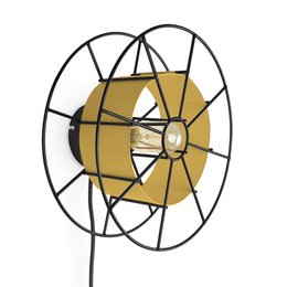 A round, industrial-style wall light with a black metal frame and a yellow glass shade.