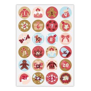24 hand gemalte Advents Aufkleber mit den Zahlen 1 - 24 auf Weihnachts Symbolen, rot beige hellblau, MATTE Papieraufkleber für Adventskalender(ø 45mm; 24 Zahlen) Farbe 3