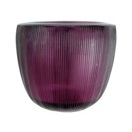 A round, tall, purple tea light holder with a ribbed texture.