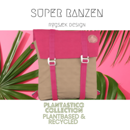 A large, plant-based and recycled backpack with a roll-top design in a vibrant pink color.