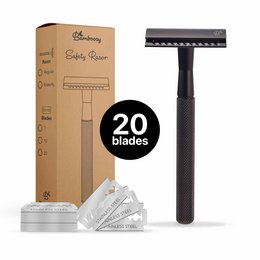 Matte black safety razor with 20 platinum blades for men and women. Designed for a close, comfortable shave.