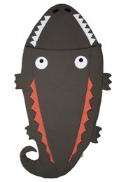  Black crocodile-shaped baby sleeping bag with sharp teeth and eyes.