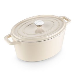  Oval-shaped cast iron pan in a white color, suitable for cooking a variety of dishes. Features a durable enameled finish and a glass lid for easy monitoring of cooking progress.