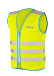 Bright yellow high-visibility safety vest with reflective strips and "Wowow" graphic on the back. Suitable for kids, made of durable material.