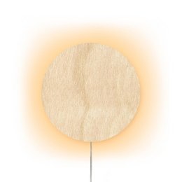 A round, wooden wall lamp with a natural wood finish. Available in two sizes, 30 cm and 45 cm diameter.