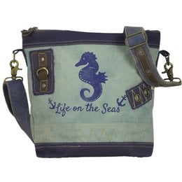 Sustainable shoulder bag made from recycled jeans and canvas, featuring a maritime-style design with a printed seahorse motif. The bag has a vintage crossbody style and a capacity of 6 liters.