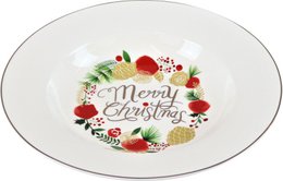 Oval white soup plate with a colorful "Merry Christmas" wreath design featuring pine branches, red berries, and other festive elements.
