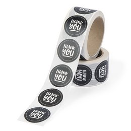 Black and white 'Thank You' stickers on a roll, 500 pieces. The stickers feature a simple, handwritten-style 'Thank You' text against a solid black background.