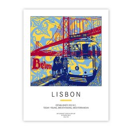 Vibrant poster depicting a classic tram in Lisbon, Portugal. The image showcases the city's iconic architecture and transportation, with a bold, colorful design.