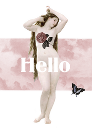 A postcard with the text "Hello" and an artistic image of a nude female figure with floral and butterfly elements.