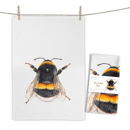 A tea towel featuring a detailed illustration of a bumble bee. The towel is made of a soft, absorbent material and is suitable for drying dishes or hands. The bee has a black and yellow striped body with fuzzy antennae and wings.