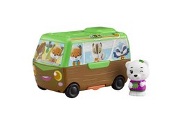  Colorful camper-style playset with animal characters, featuring a green exterior, orange interior, and various accessories like a plush toy and other items.