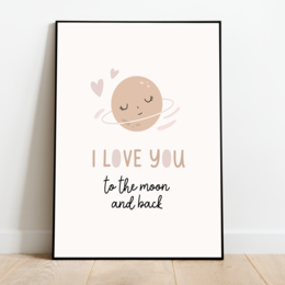 Nursery poster with a cute moon character and the text "I love you to the moon and back". The poster features a soft, pastel color palette and a simple, minimalist design. Suitable for decorating a child's room or nursery.